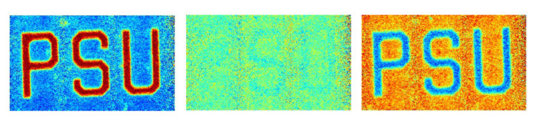 This infrared image shows the metadevice composed of vanadium dioxide with gold patterned mesh. Left: Device without any electric current showing “PSU” cut from the pattern and reflective. Center: Device with 2.03 amps of current. “PSU” and background now appear the same, “PSU” has faded into the background. Right: Device with 2.20 amps of current. The background is now reflective while “PSU” is not. (Credit: Douglas Werner/Penn State)