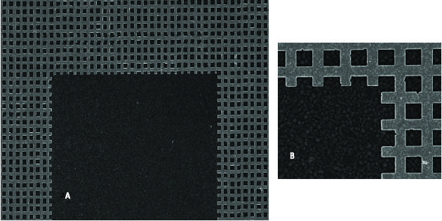 This scanning electron microscope image shows the gold patterned mesh used in metadevice. A: the top portion of the “U” cutout. B: a magnified look at the mesh from the same area. (Credit: Douglas Werner/Penn State)