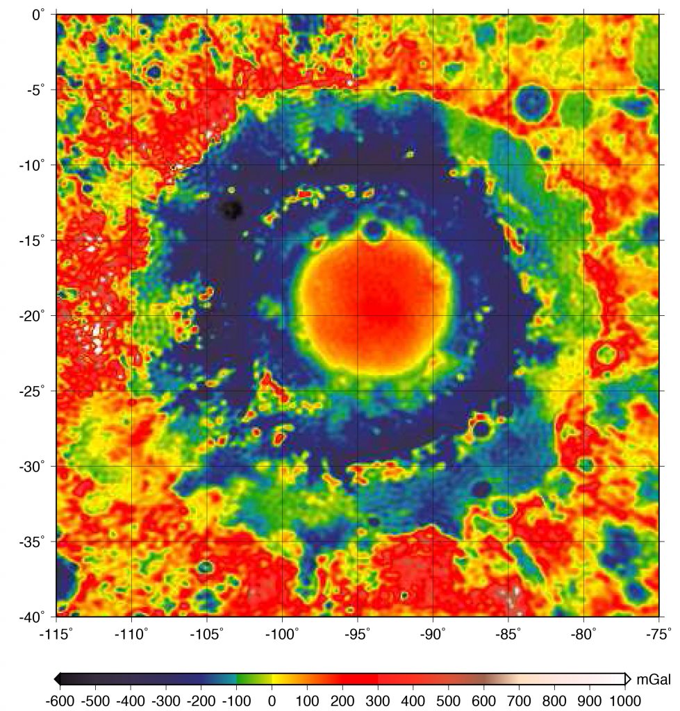 This color-coded map shows the strength of surface gravity around Orientale basin on the moon, derived from GRAIL data. (The color scale represents units of “gals” — 1 gal is about 1/1000 of Earth’s surface gravitational acceleration.) (Credit: NASA/JPL-Caltech)